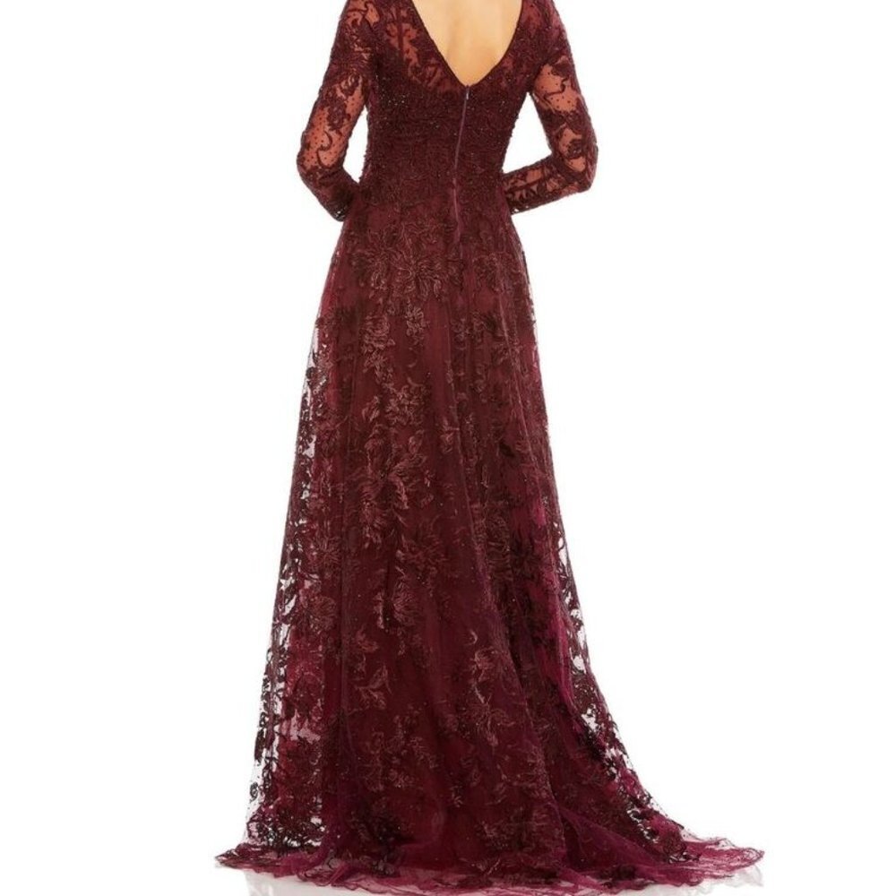 Mac Duggal Wine Lace Long-Sleeve Maxi Gown - Picture 2 of 3